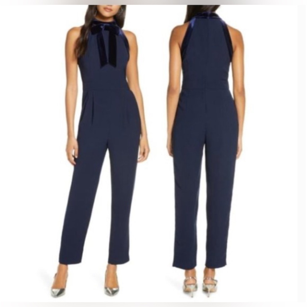 NWOT 1901 Navy Jumpsuit Velvet Trim Bow Mock Neckline Size 10 - Picture 1 of 5